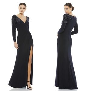 FAUX WRAP JERSEY GOWN W/ EMBELLISHED ACCENTS